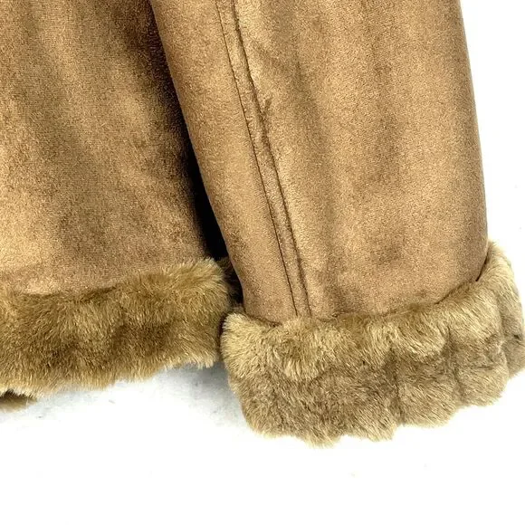 Faux Suede Jacket Womens SZ XL Faux Fur Trim Hood Embroidered Floral Soft Brown - Picture 8 of 11